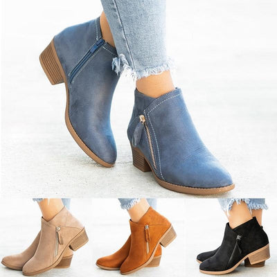 Flock Ankle Boots Slip-on Round | Toe 3.5cm Square Heel - Niches Store