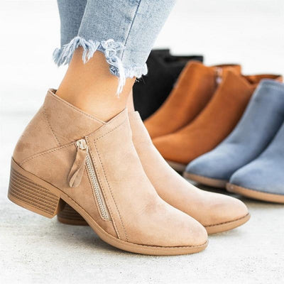 Flock Ankle Boots Slip-on Round | Toe 3.5cm Square Heel - Niches Store