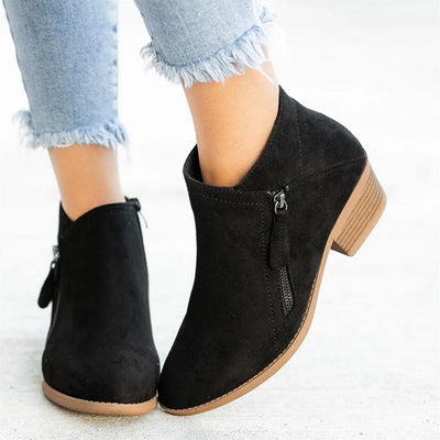 Flock Ankle Boots Slip-on Round | Toe 3.5cm Square Heel - Niches Store