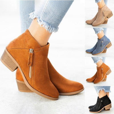 Flock Ankle Boots Slip-on Round | Toe 3.5cm Square Heel - Niches Store