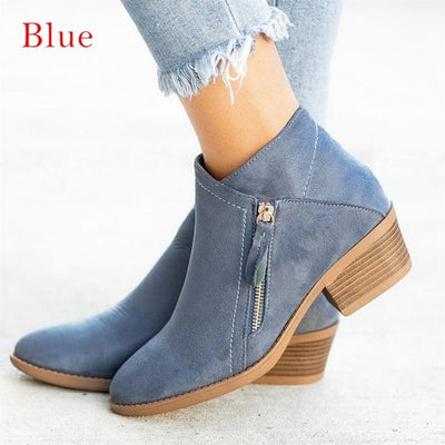 Flock Ankle Boots Slip-on Round | Toe 3.5cm Square Heel - Niches Store