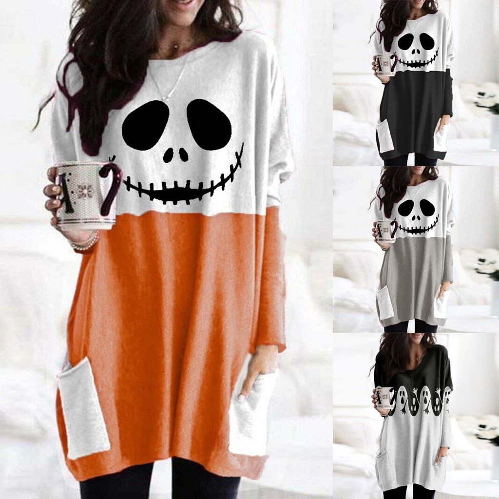 Scary Face Pumpkin Print Dress | Long Sleeves