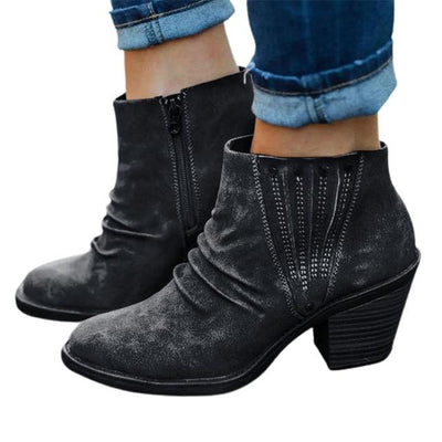 Flock Ankle Boots Slip-on Round | Toe 3.5cm Square Heel - Niches Store