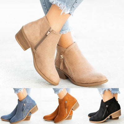 Flock Ankle Boots Slip-on Round | Toe 3.5cm Square Heel - Niches Store