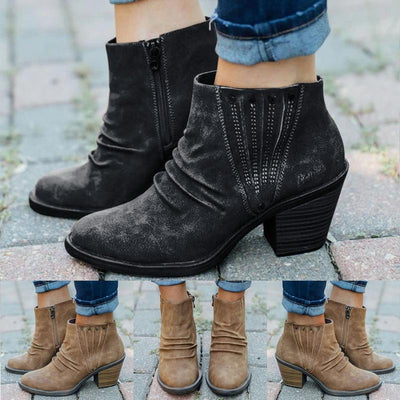 Flock Ankle Boots Slip-on Round | Toe 3.5cm Square Heel - Niches Store